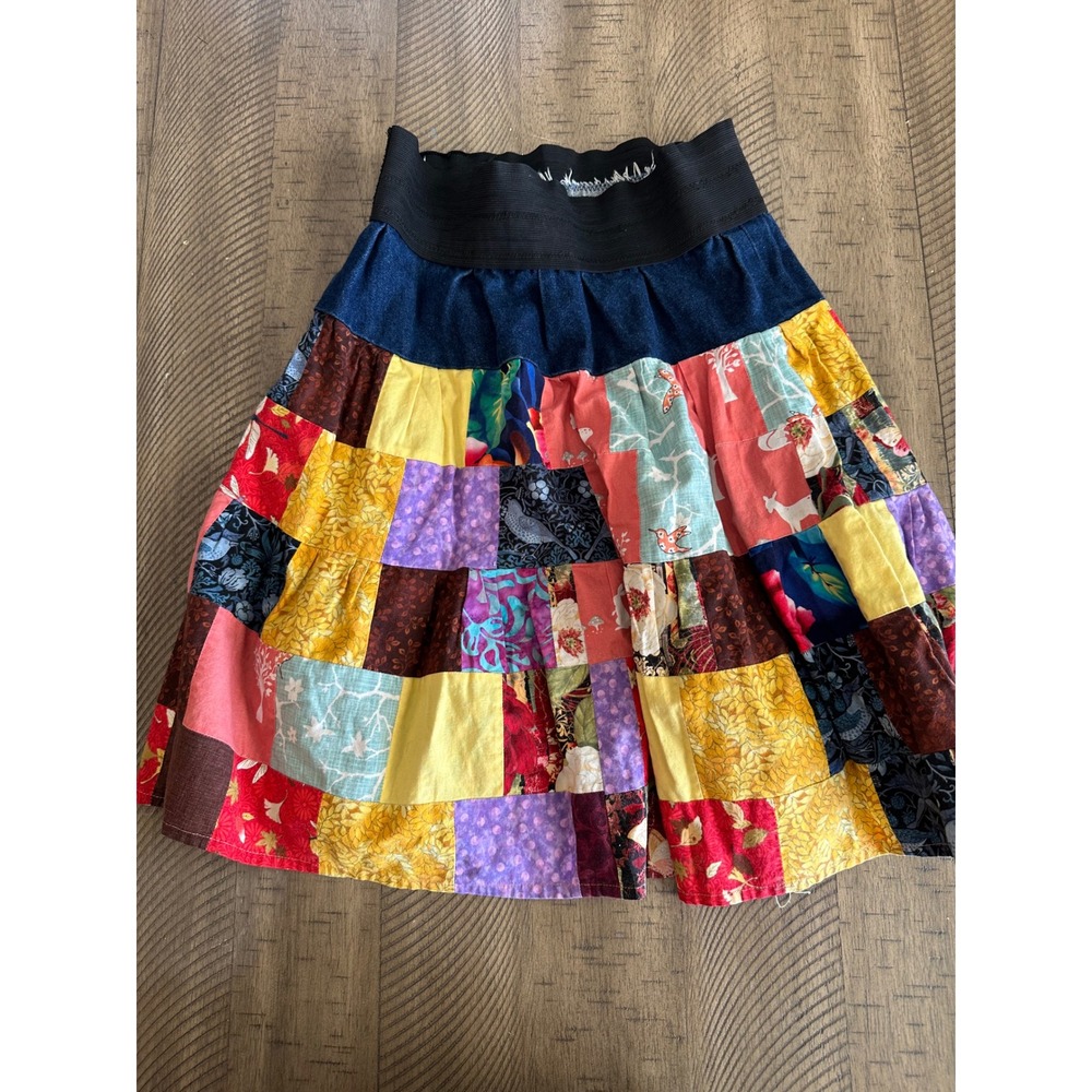 One-of-a-Kind Upcycled Denim & Patchwork‎ Midi Skirt
